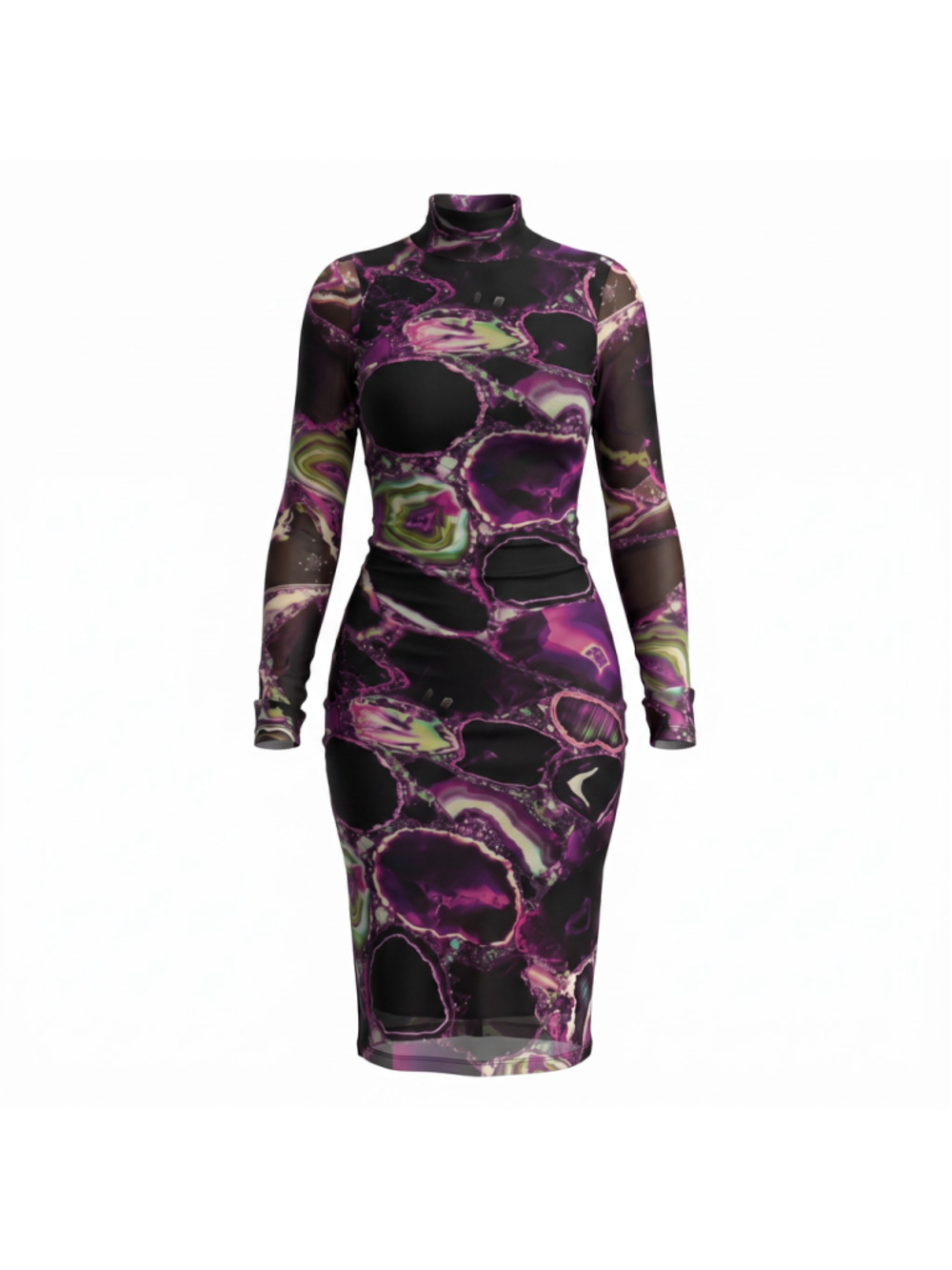 Fuzzi Abito Collo Alto Abstract Geode Print Mesh Turtleneck Dress Size Medium